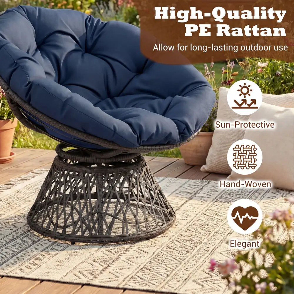 Swivel Papasan Chair Round Wicker Lounge Chair with Thick Cushion-Navy - Navy - Accent Chairs