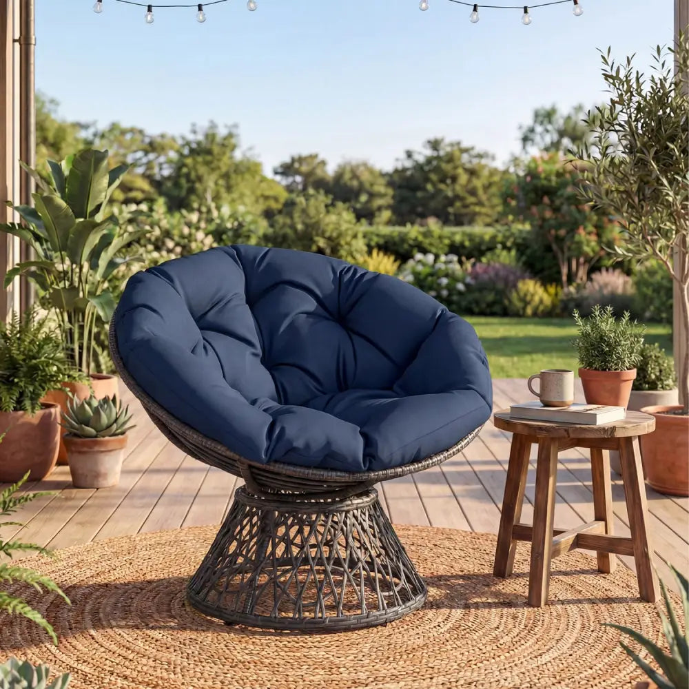 Swivel Papasan Chair Round Wicker Lounge Chair with Thick Cushion-Navy - Navy - Accent Chairs
