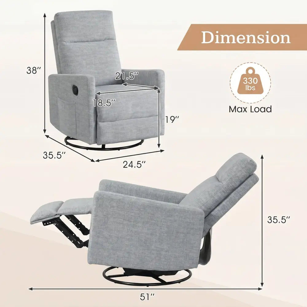 Swivel Rocking Chair 360° Nursery Reclining Rocker Armchair with Cushioned Back-Gray - Gray - Floor Chairs