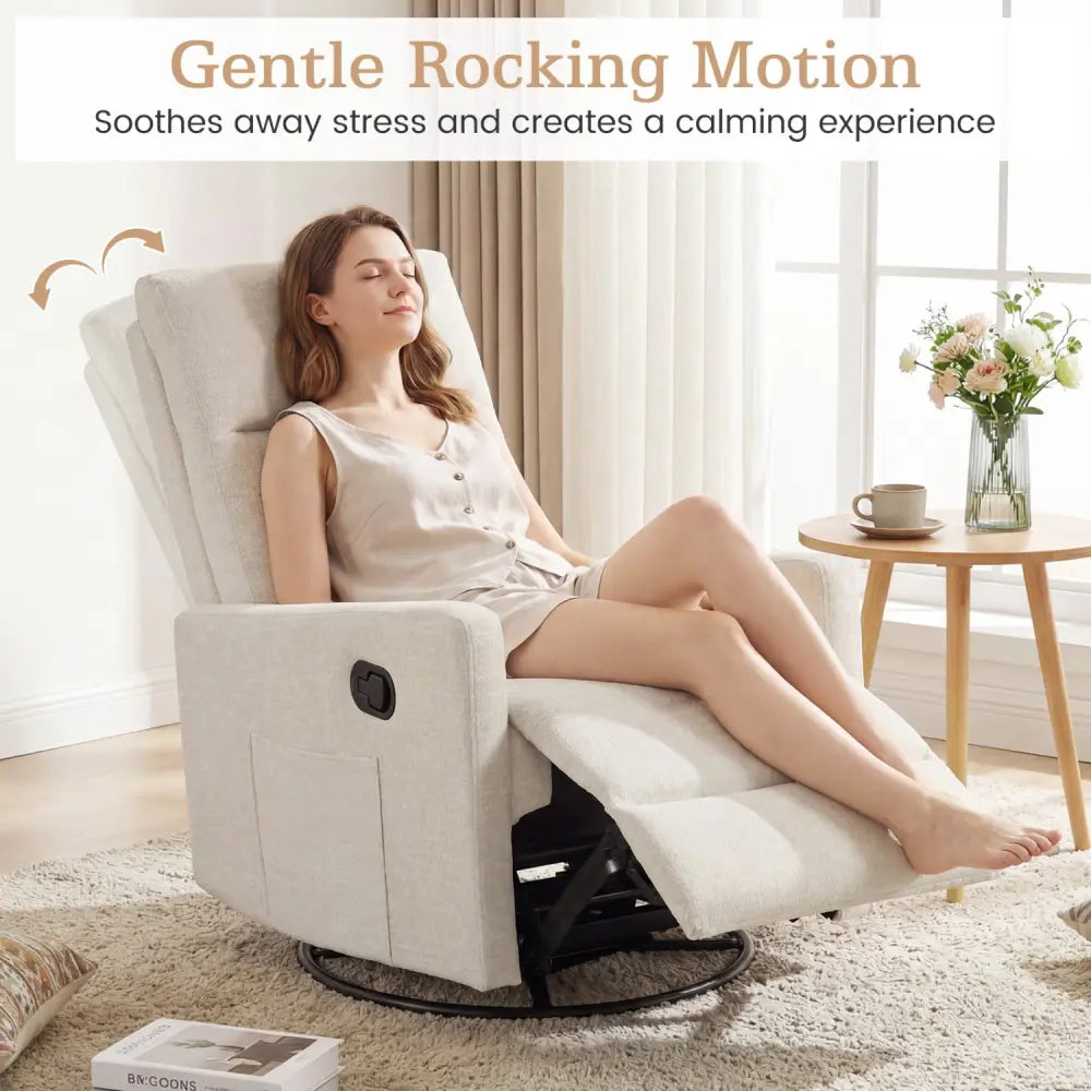 Swivel Rocking Chair 360° Nursery Reclining Rocker Armchair with Cushioned Back-Beige - Beige - Floor Chairs