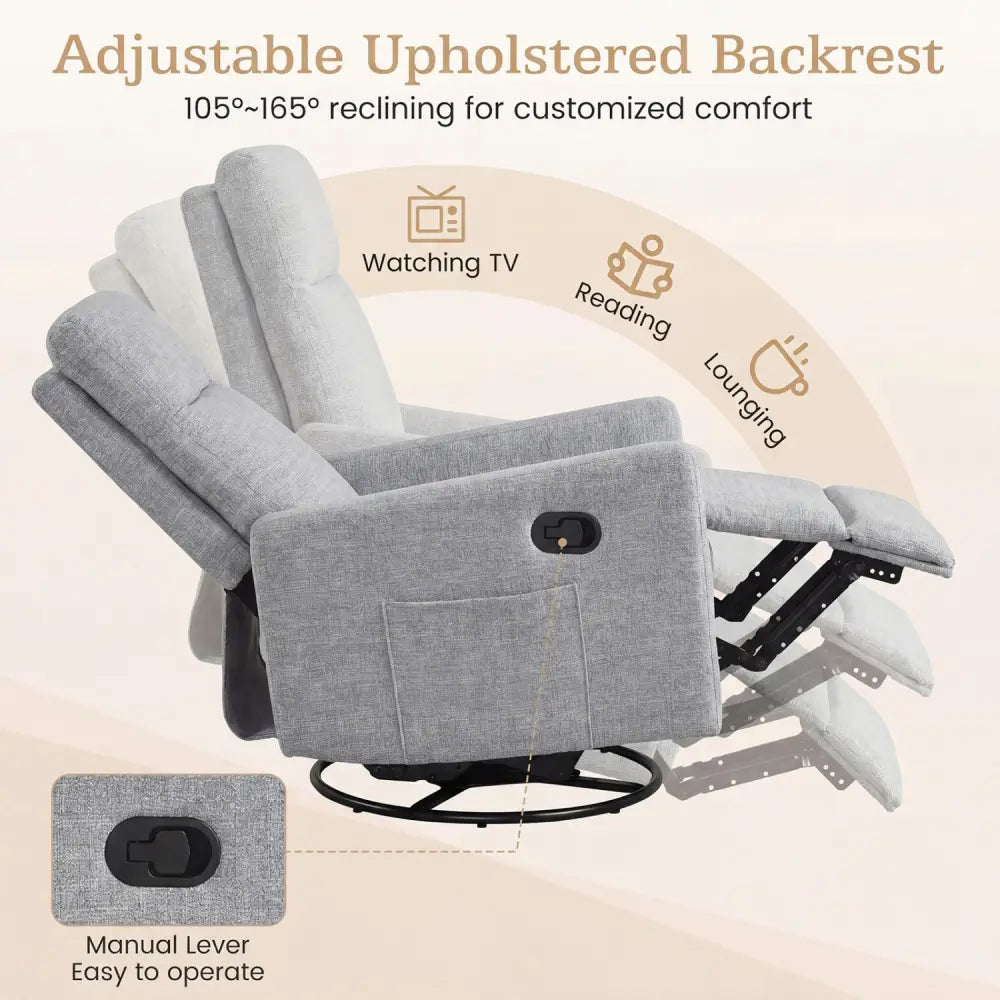 Swivel Rocking Chair 360° Nursery Reclining Rocker Armchair with Cushioned Back-Gray - Gray - Floor Chairs