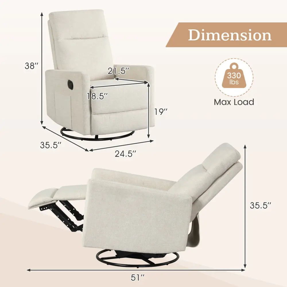 Swivel Rocking Chair 360° Nursery Reclining Rocker Armchair with Cushioned Back-Beige - Beige - Floor Chairs