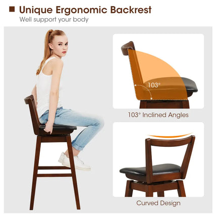 Swivel Upholstered PU Leather Stool with Backrest and Cushioned Seat-30.5 inches - Brown - Bar Stools