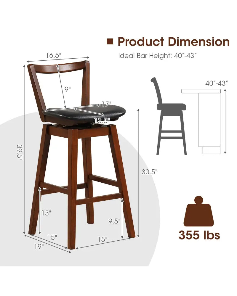 Swivel Upholstered PU Leather Stool with Backrest and Cushioned Seat-30.5 inches - Brown - Bar Stools