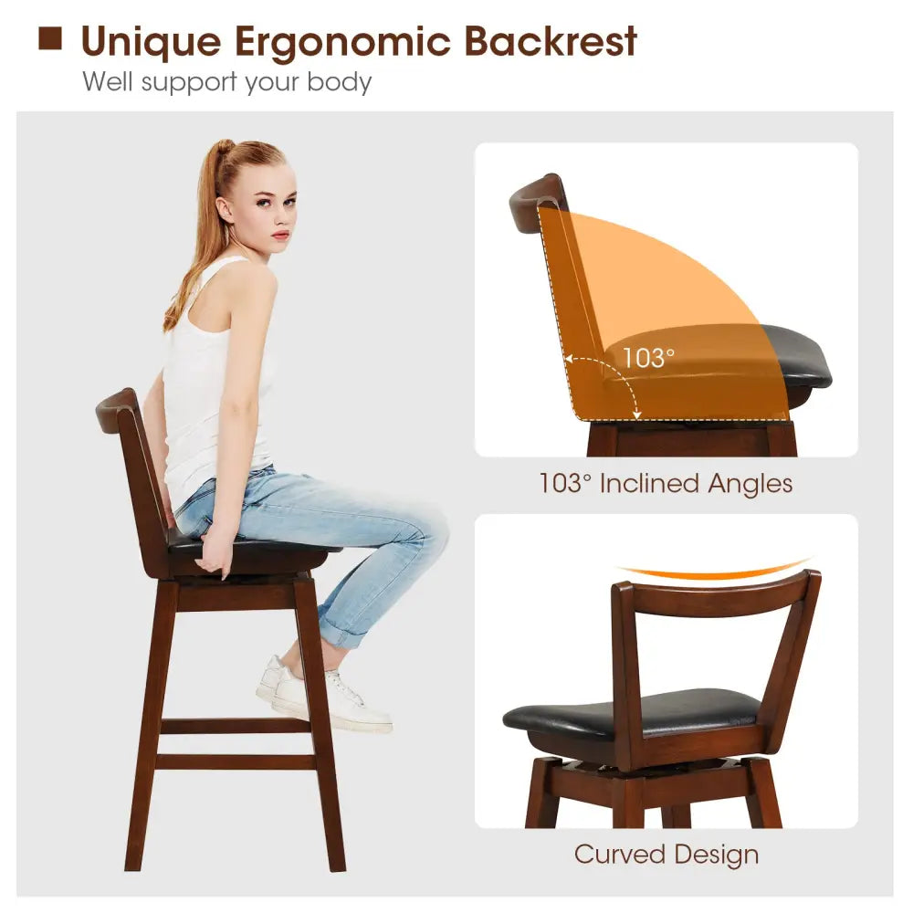 Swivel Upholstered PU Leather Stool with Backrest and Cushioned Seat-26 inches - Brown - Bar Stools