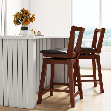 Swivel Upholstered PU Leather Stool with Backrest and Cushioned Seat-26 inches - Brown - Bar Stools