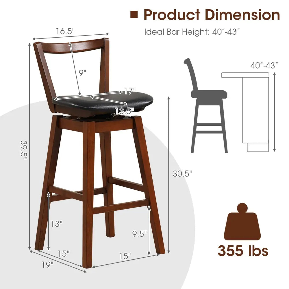 Swivel Upholstered PU Leather Stool with Backrest and Cushioned Seat-30.5 inches - Brown - Bar Stools
