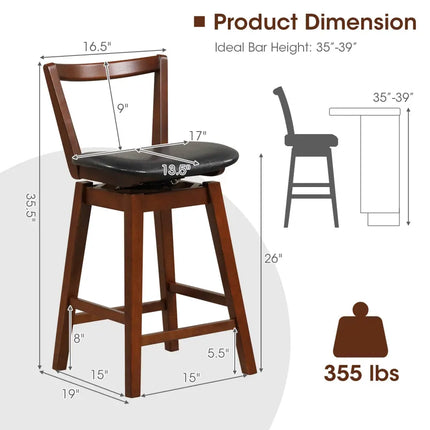 Swivel Upholstered PU Leather Stool with Backrest and Cushioned Seat-26 inches - Brown - Bar Stools