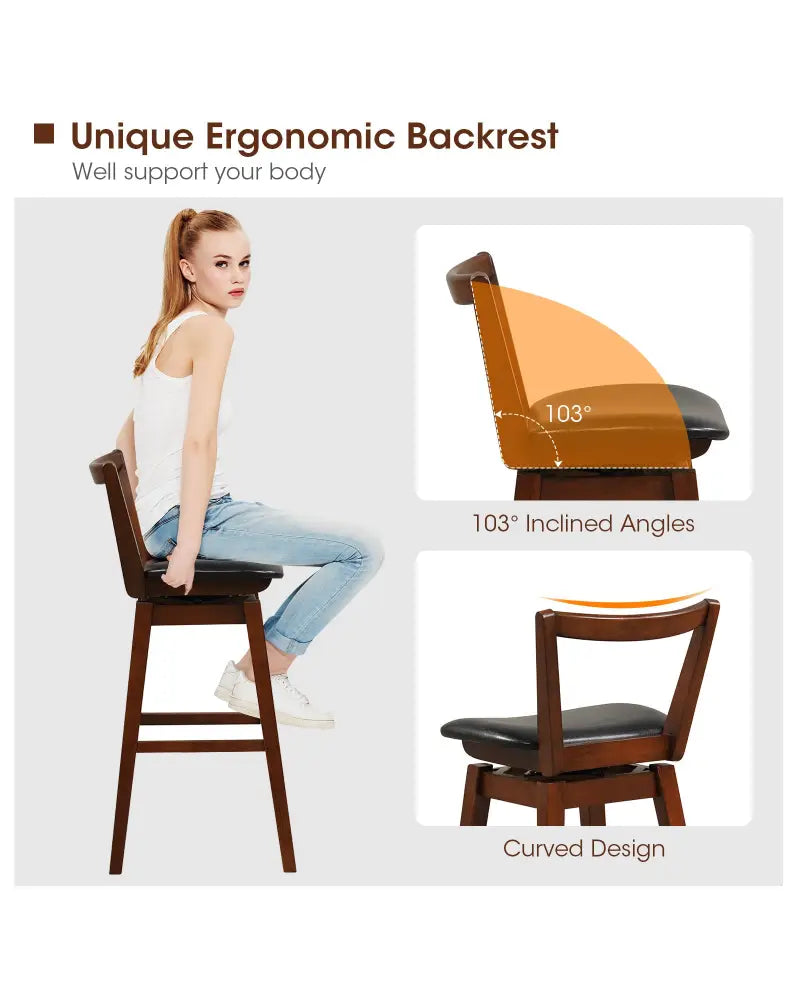 Swivel Upholstered PU Leather Stool with Backrest and Cushioned Seat-30.5 inches - Brown - Bar Stools