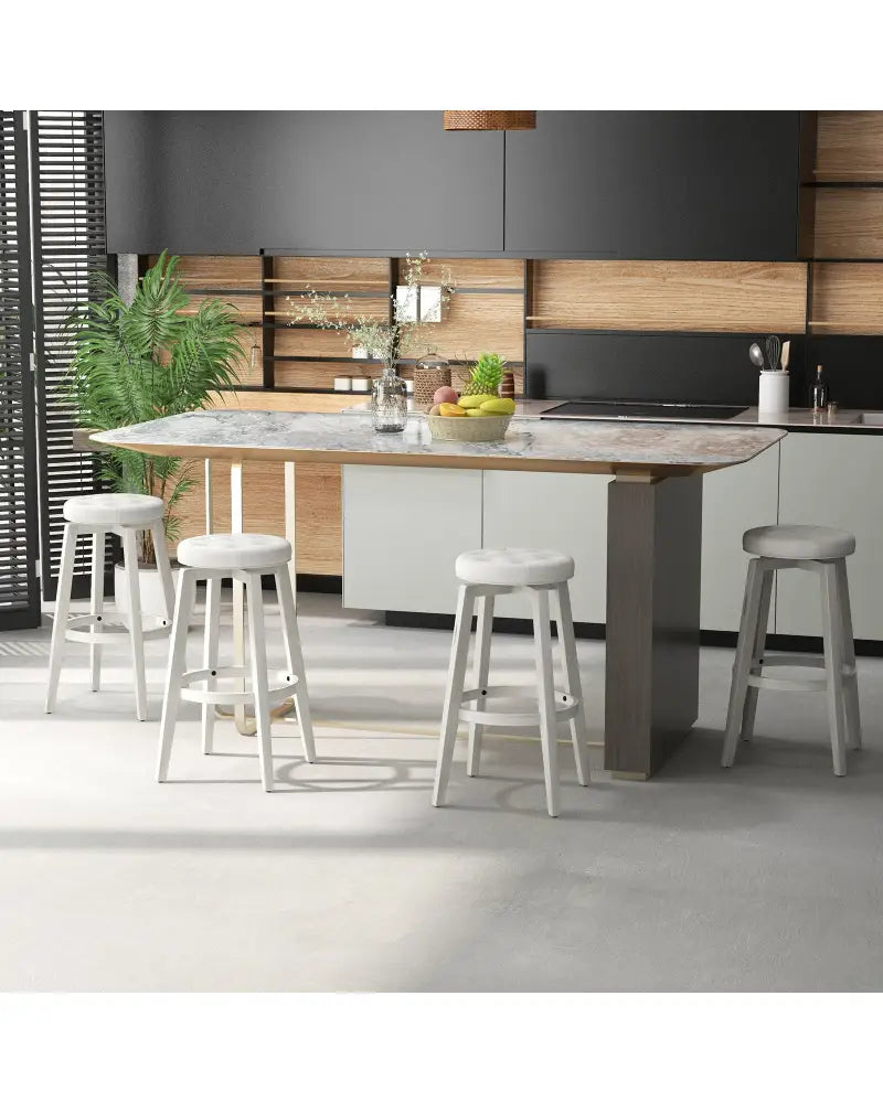 Swivel Upholstered Rubberwood Frame Bar Stool Set of 2 with Footrest-29 inches - White - Bar Stools