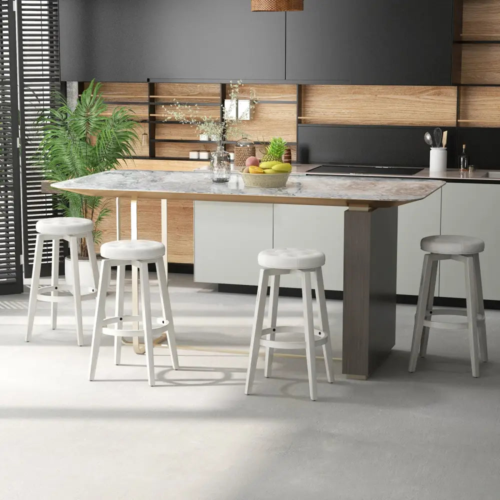 Swivel Upholstered Rubberwood Frame Bar Stool Set of 2 with Footrest-29 inches - White - Bar Stools