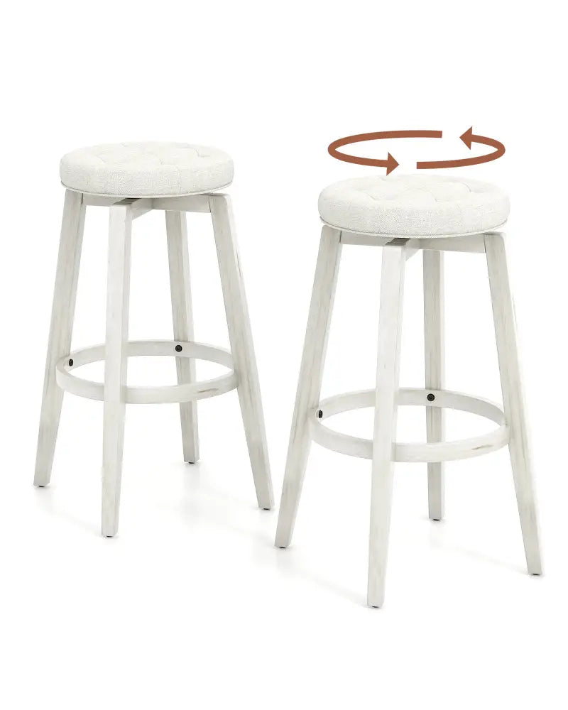 Swivel Upholstered Rubberwood Frame Bar Stool Set of 2 with Footrest-29 inches - White - Bar Stools