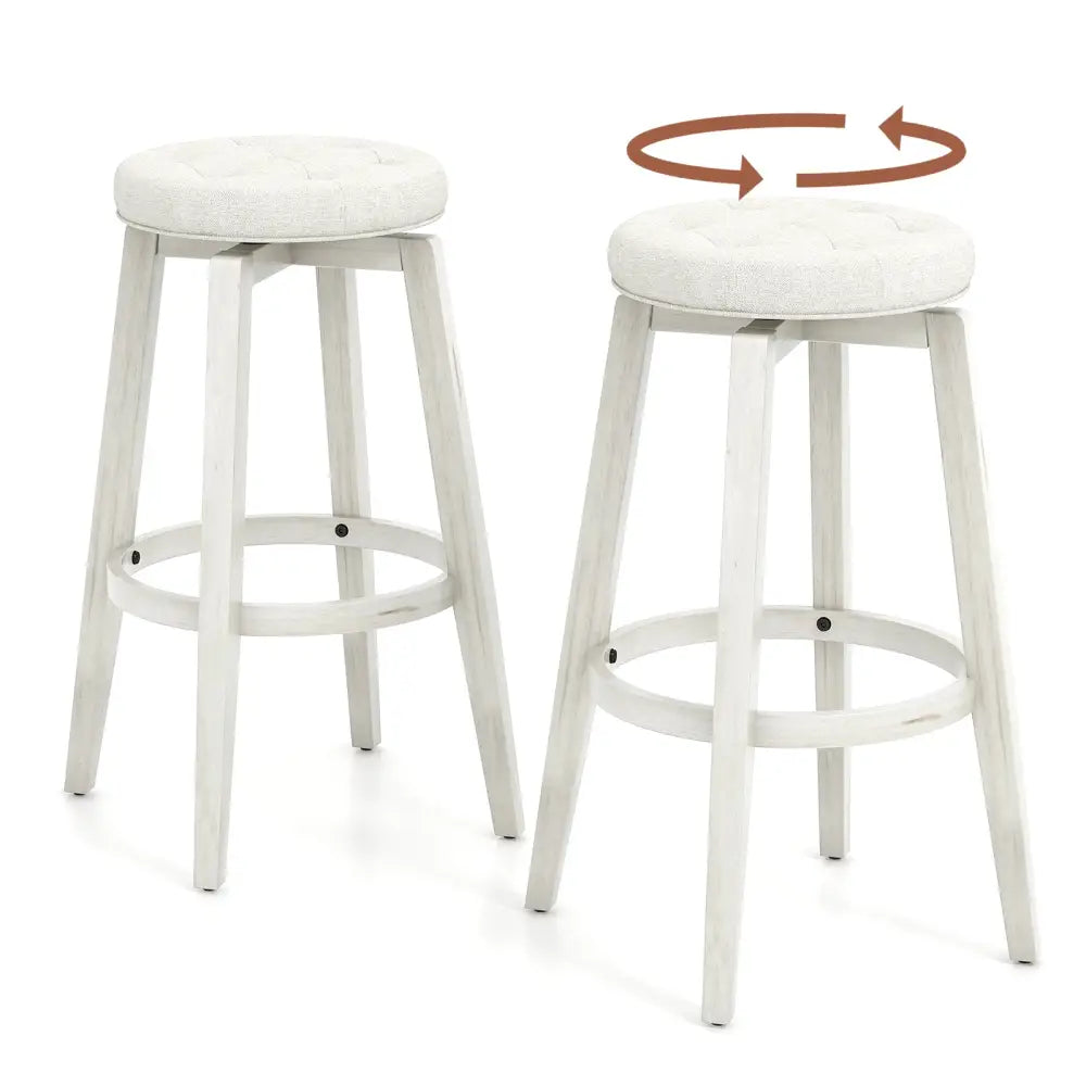 Swivel Upholstered Rubberwood Frame Bar Stool Set of 2 with Footrest-29 inches - White - Bar Stools