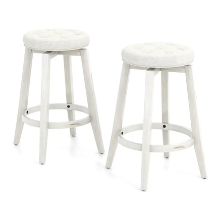 Swivel Upholstered Rubberwood Frame Bar Stool Set of 2 with Footrest-24 inches - White - Bar Stools