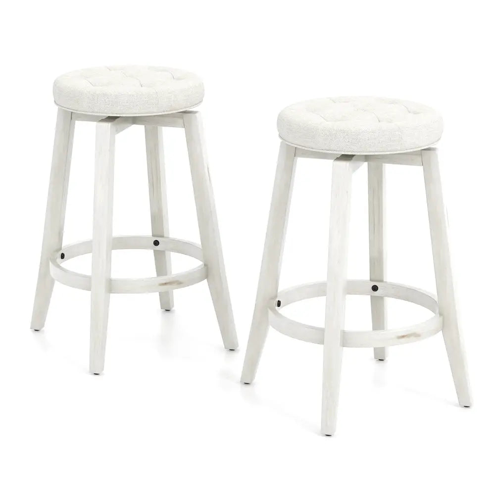 Swivel Upholstered Rubberwood Frame Bar Stool Set of 2 with Footrest-24 inches - White - Bar Stools