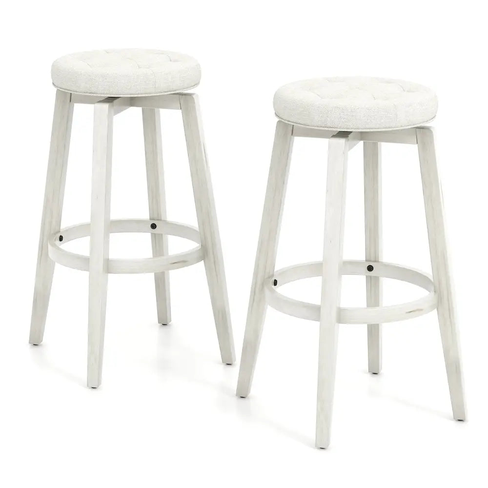 Swivel Upholstered Rubberwood Frame Bar Stool Set of 2 with Footrest-29 inches - White - Bar Stools