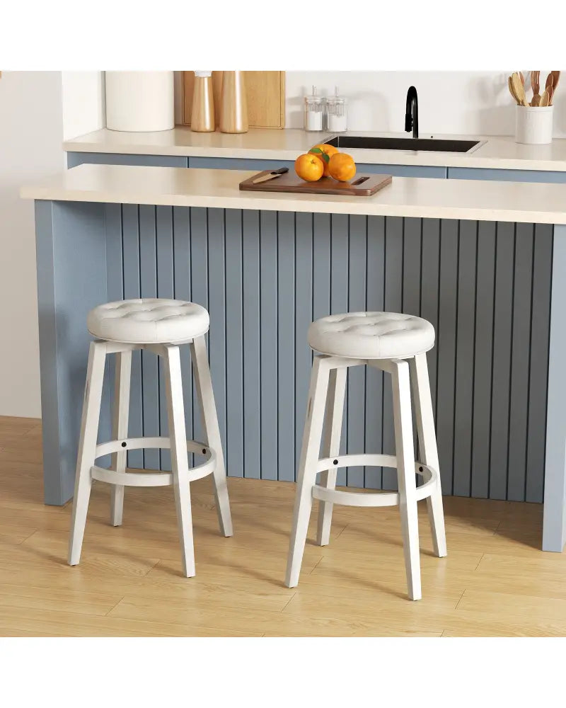Swivel Upholstered Rubberwood Frame Bar Stool Set of 2 with Footrest-29 inches - White - Bar Stools