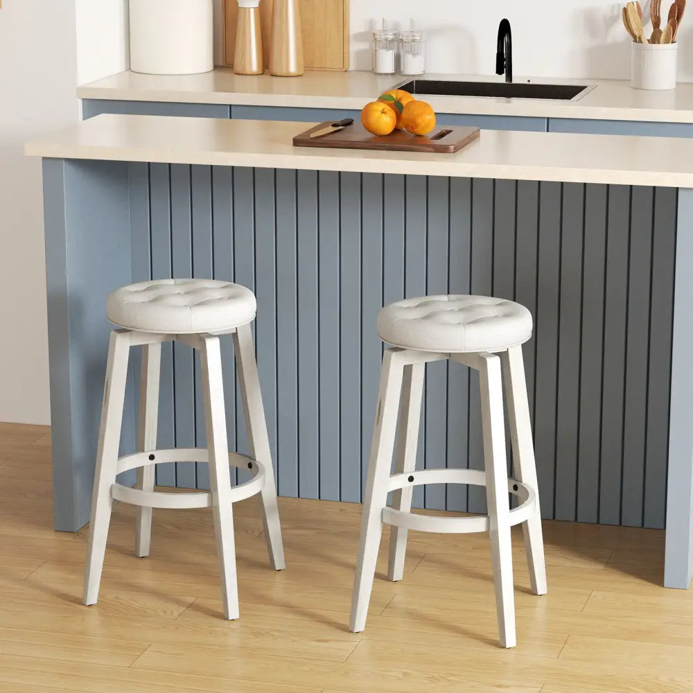 Swivel Upholstered Rubberwood Frame Bar Stool Set of 2 with Footrest-29 inches - White - Bar Stools
