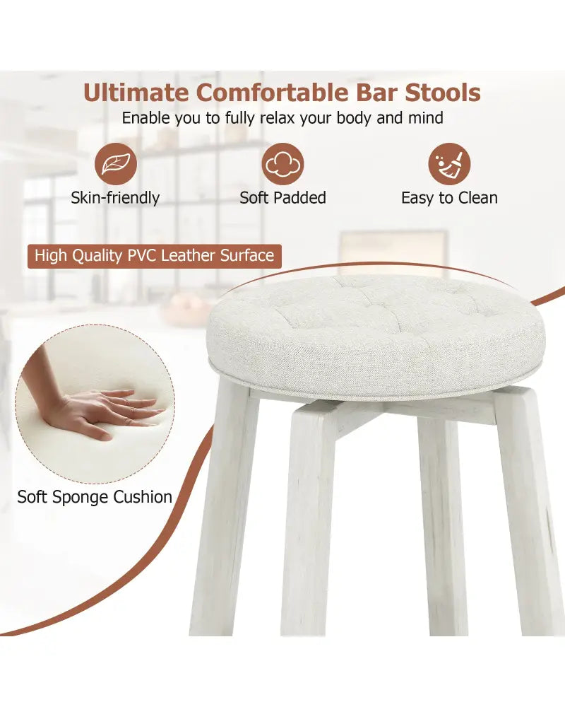 Swivel Upholstered Rubberwood Frame Bar Stool Set of 2 with Footrest-29 inches - White - Bar Stools