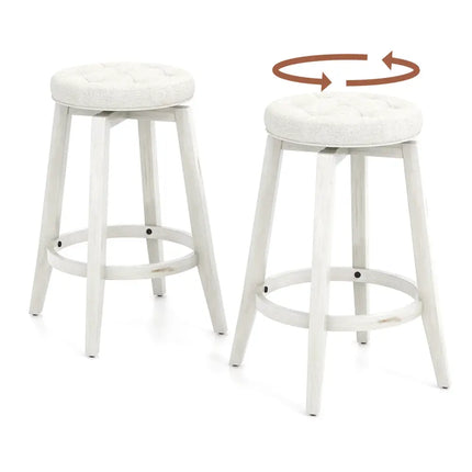Swivel Upholstered Rubberwood Frame Bar Stool Set of 2 with Footrest-24 inches - White - Bar Stools