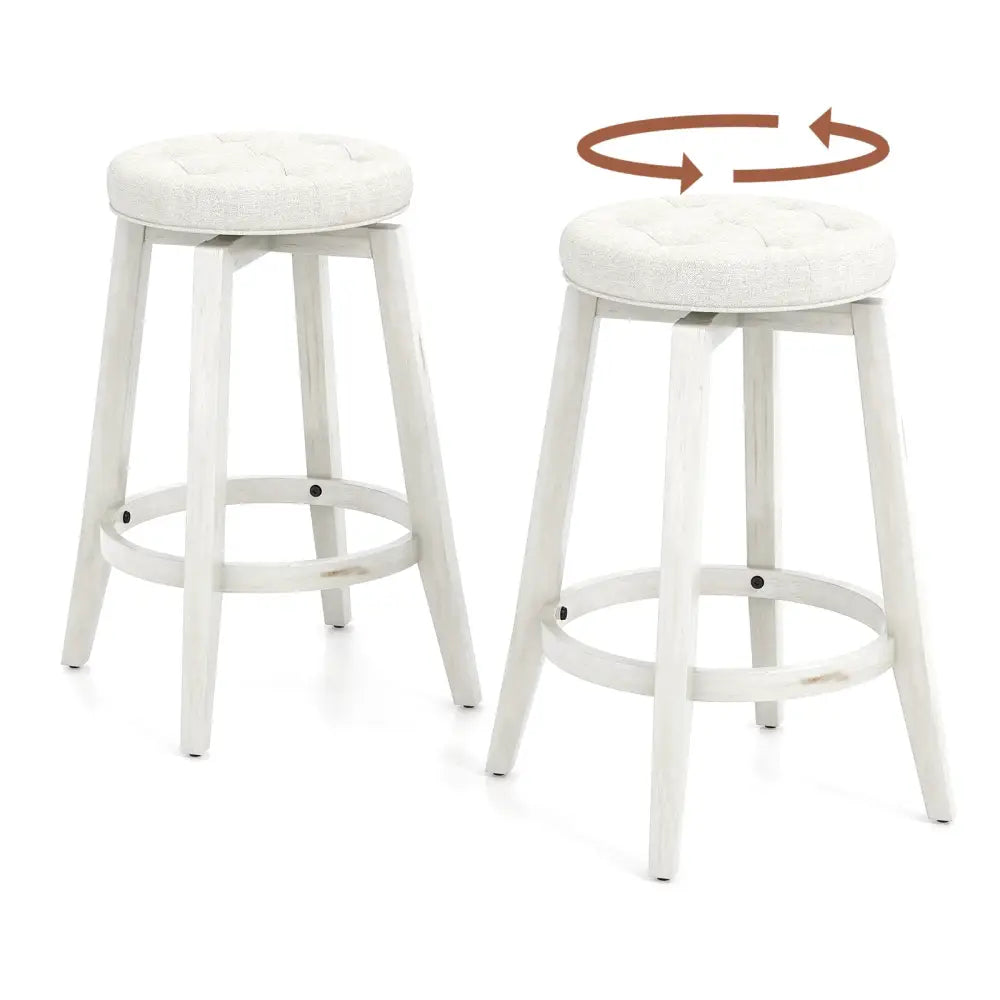 Swivel Upholstered Rubberwood Frame Bar Stool Set of 2 with Footrest-24 inches - White - Bar Stools