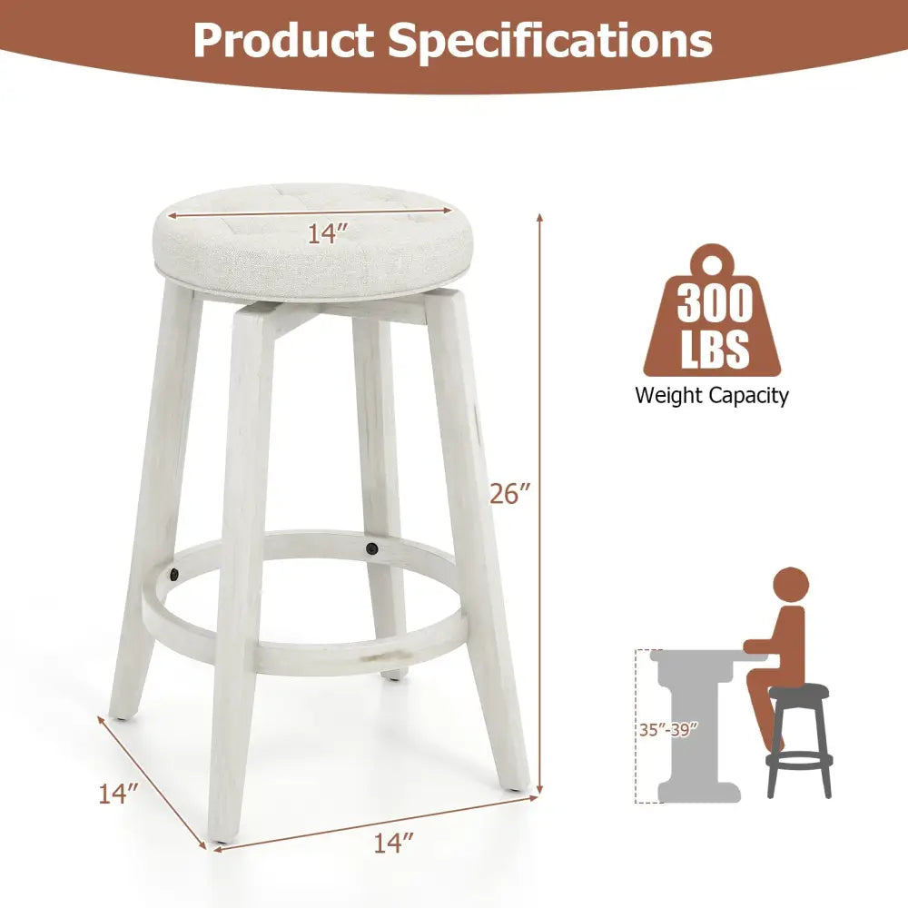 Swivel Upholstered Rubberwood Frame Bar Stool Set of 2 with Footrest-24 inches - White - Bar Stools