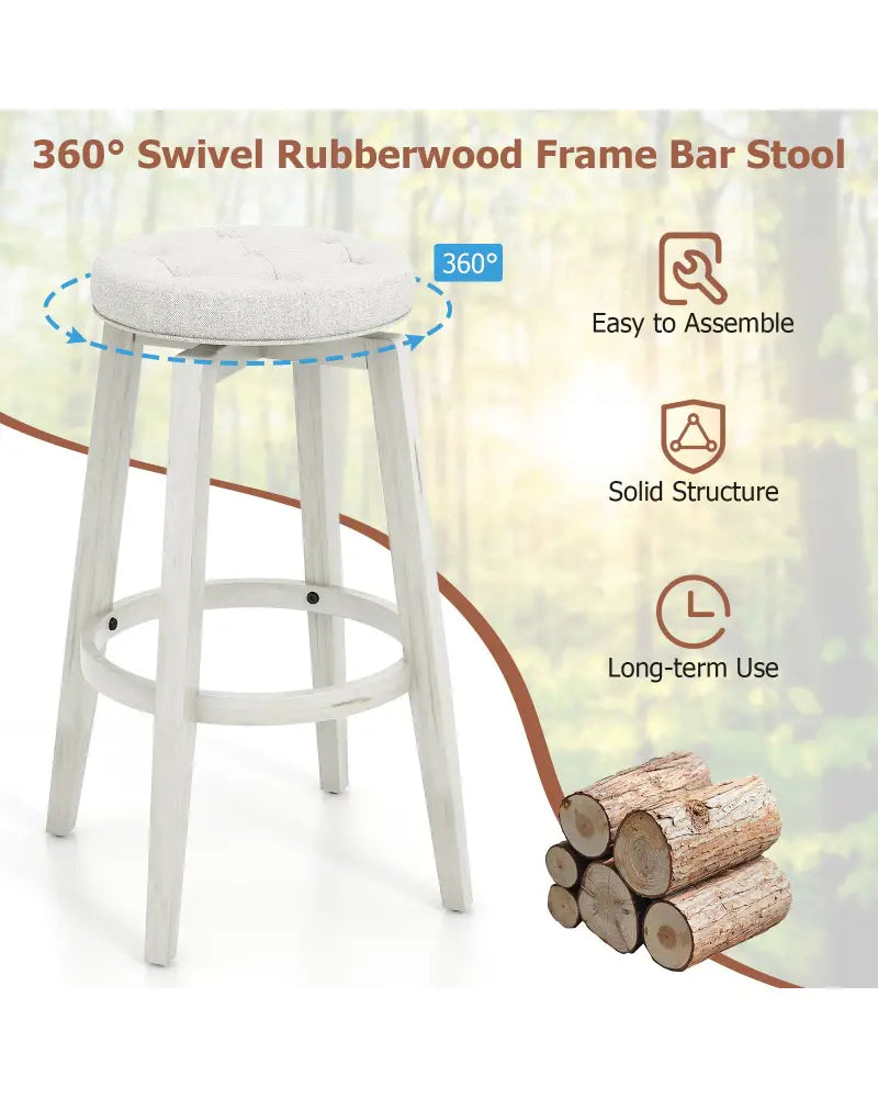 Swivel Upholstered Rubberwood Frame Bar Stool Set of 2 with Footrest-29 inches - White - Bar Stools