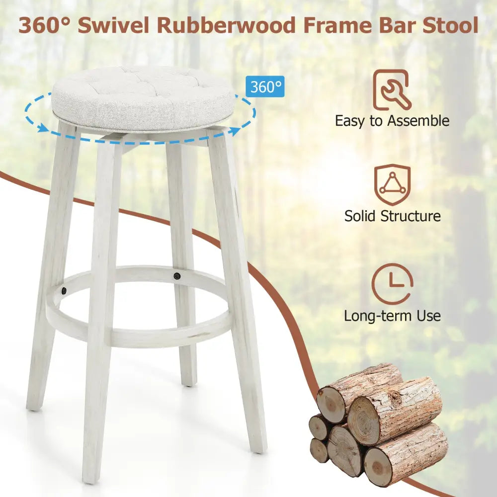 Swivel Upholstered Rubberwood Frame Bar Stool Set of 2 with Footrest-29 inches - White - Bar Stools