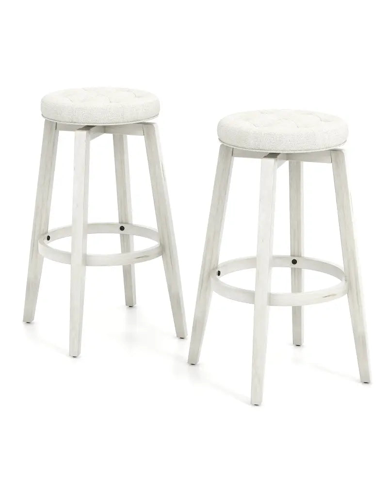 Swivel Upholstered Rubberwood Frame Bar Stool Set of 2 with Footrest-29 inches - White - Bar Stools