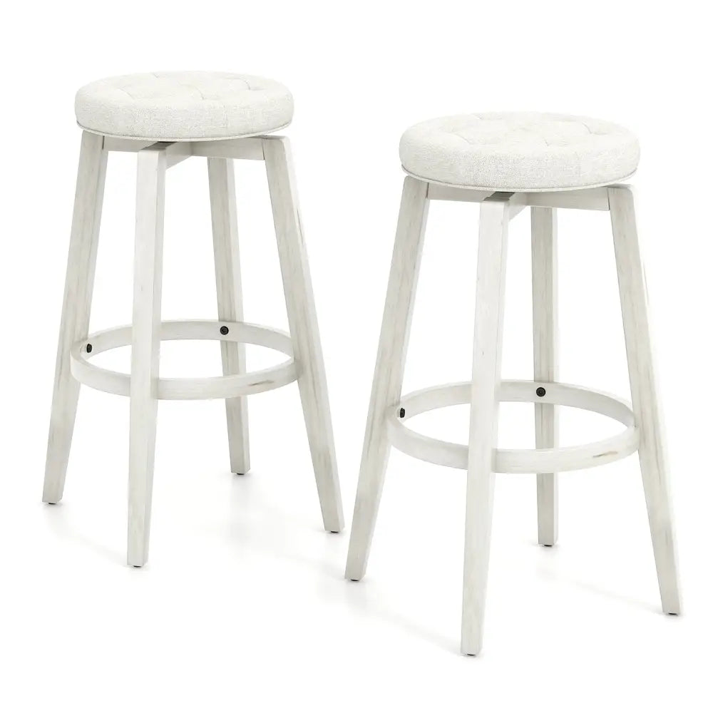Swivel Upholstered Rubberwood Frame Bar Stool Set of 2 with Footrest-29 inches - White - Bar Stools