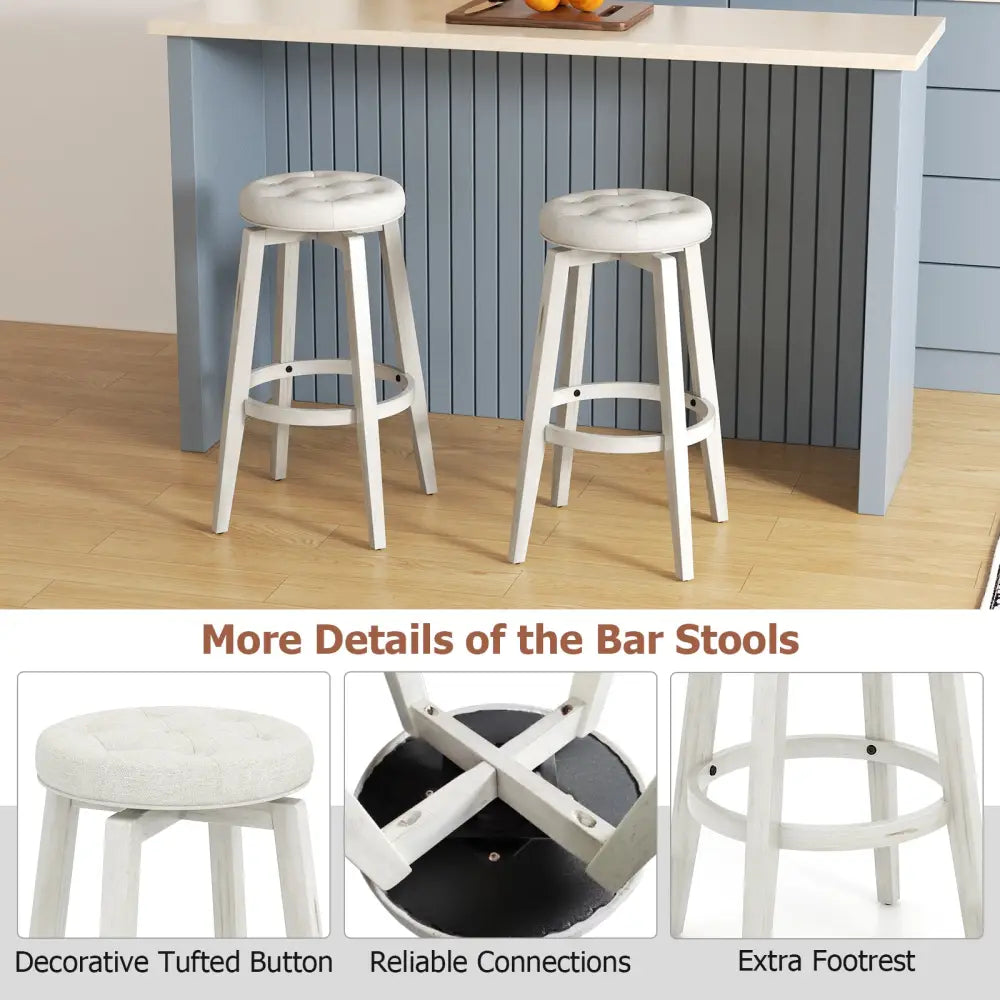 Swivel Upholstered Rubberwood Frame Bar Stool Set of 2 with Footrest-29 inches - White - Bar Stools