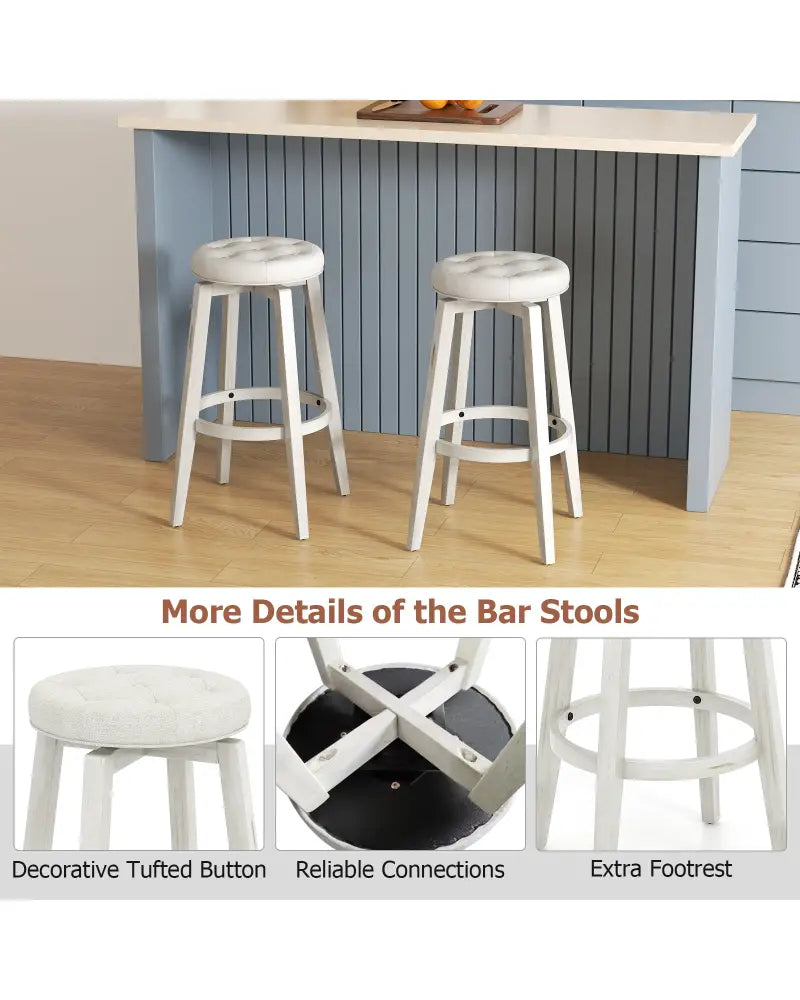 Swivel Upholstered Rubberwood Frame Bar Stool Set of 2 with Footrest-29 inches - White - Bar Stools