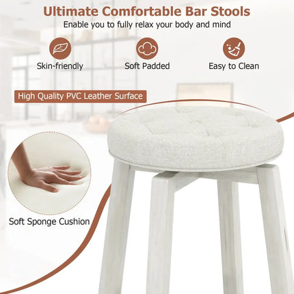 Swivel Upholstered Rubberwood Frame Bar Stool Set of 2 with Footrest-24 inches - White - Bar Stools