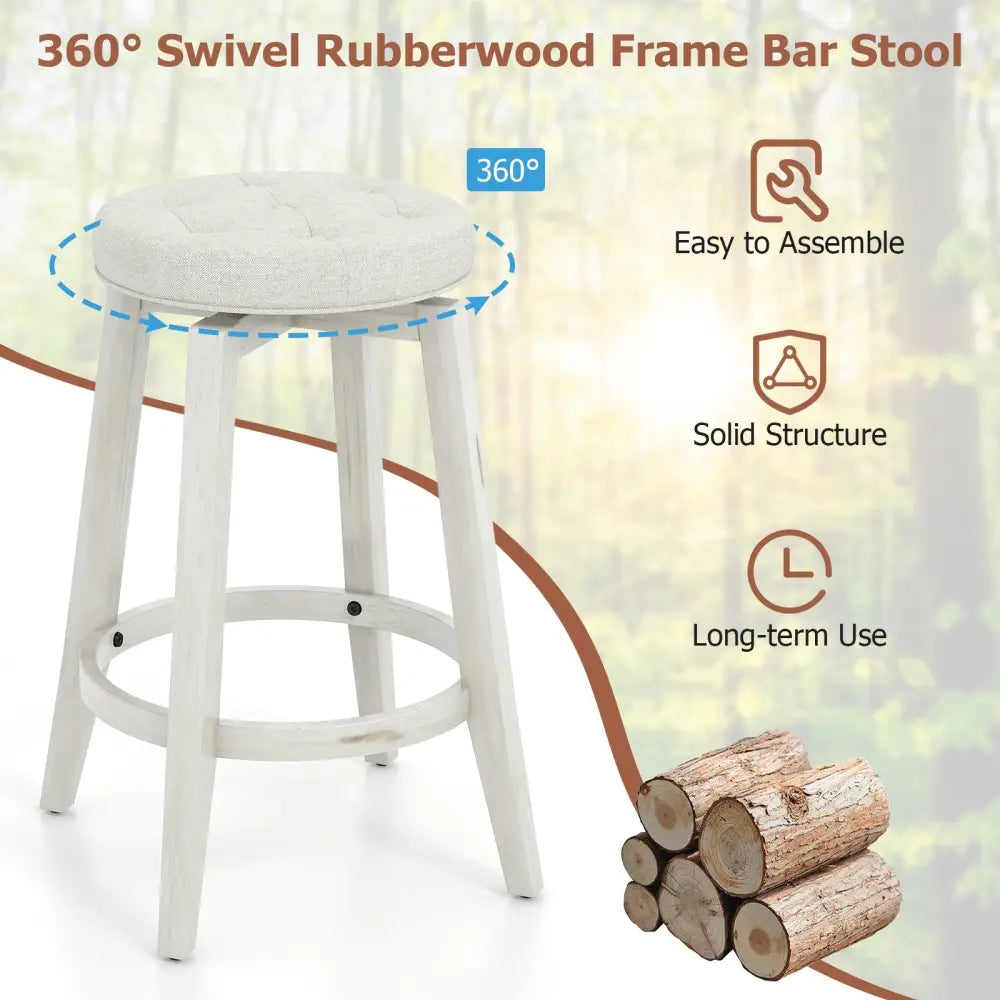 Swivel Upholstered Rubberwood Frame Bar Stool Set of 2 with Footrest-24 inches - White - Bar Stools