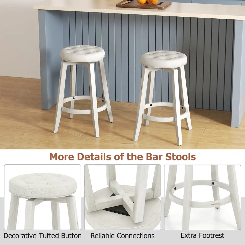 Swivel Upholstered Rubberwood Frame Bar Stool Set of 2 with Footrest-24 inches - White - Bar Stools