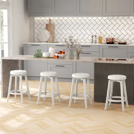 Swivel Upholstered Rubberwood Frame Bar Stool Set of 2 with Footrest-24 inches - White - Bar Stools