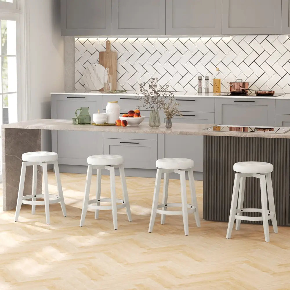 Swivel Upholstered Rubberwood Frame Bar Stool Set of 2 with Footrest-24 inches - White - Bar Stools