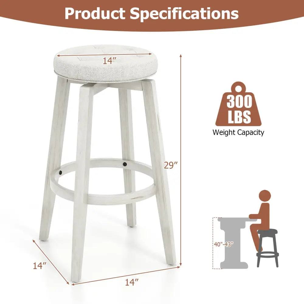 Swivel Upholstered Rubberwood Frame Bar Stool Set of 2 with Footrest-29 inches - White - Bar Stools