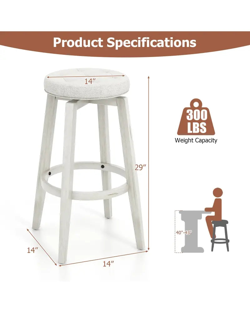 Swivel Upholstered Rubberwood Frame Bar Stool Set of 2 with Footrest-29 inches - White - Bar Stools