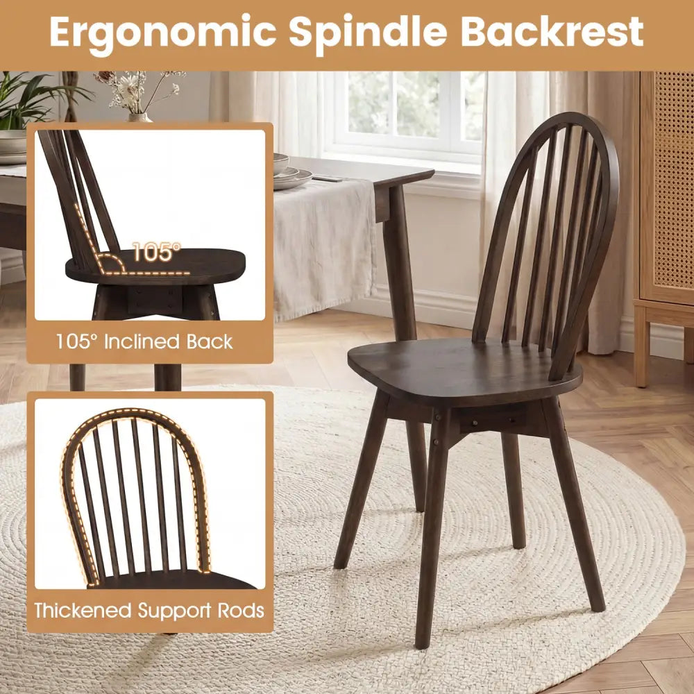 Swivel Windsor Dining Chairs Set of 2 with Solid Rubber Wood Frame-Walnut - Walnut - Dining Chairs