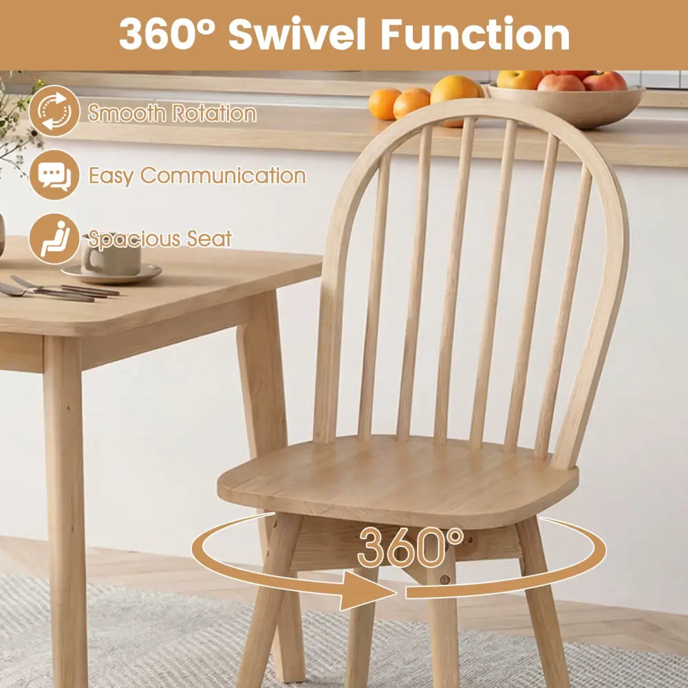 Swivel Windsor Dining Chairs Set of 4 with Solid Rubber Wood Frame-Natural - Natural - Dining Chairs