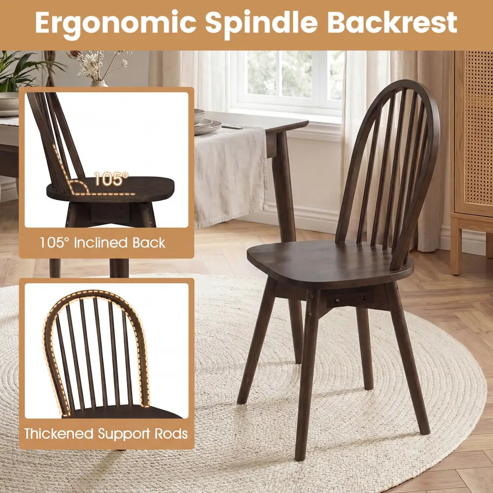 Swivel Windsor Dining Chairs Set of 4 with Solid Rubber Wood Frame-Walnut - Walnut - Dining Chairs