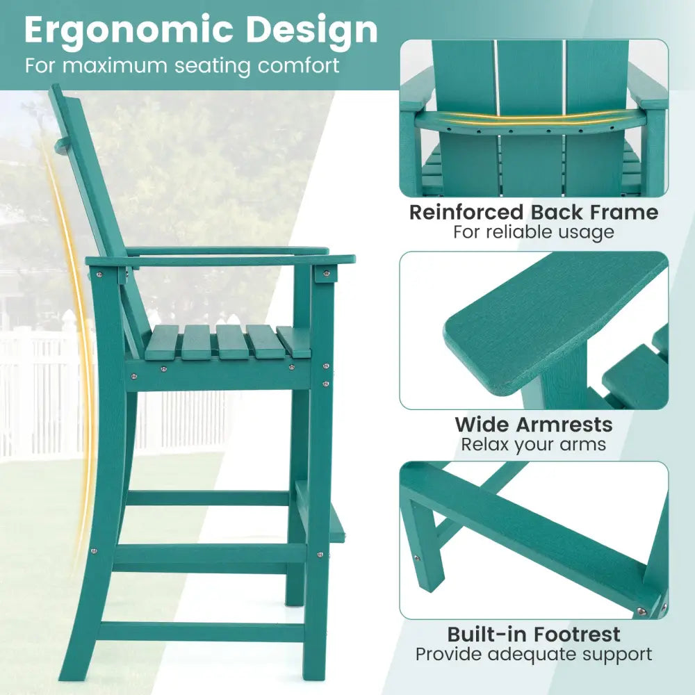 Tall Adirondack Chair Outdoor Bar Stool with Ergonomic Backrest for Backyard-Turquoise - Turquoise - Patio Bar Furniture