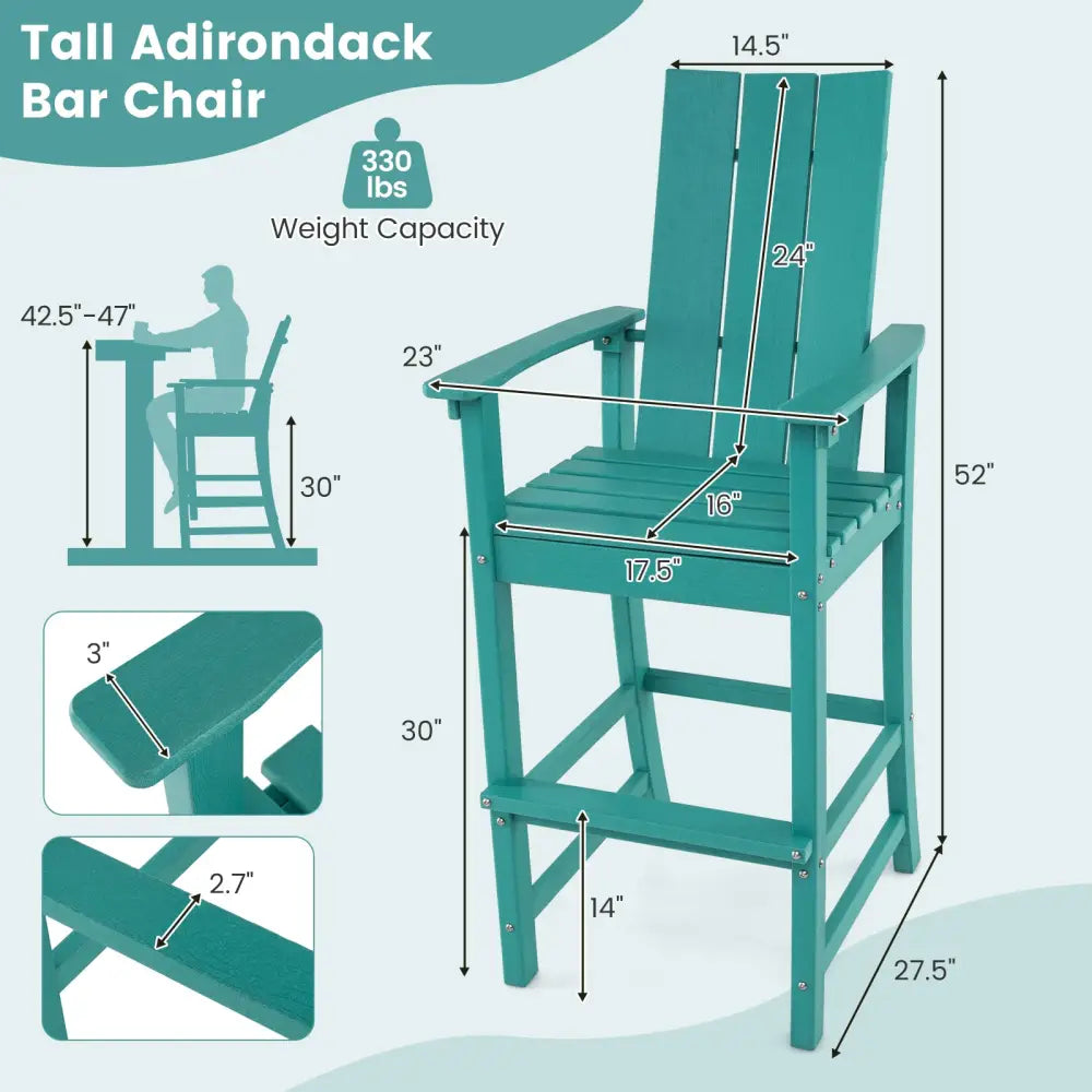 Tall Adirondack Chair Outdoor Bar Stool with Ergonomic Backrest for Backyard-Turquoise - Turquoise - Patio Bar Furniture