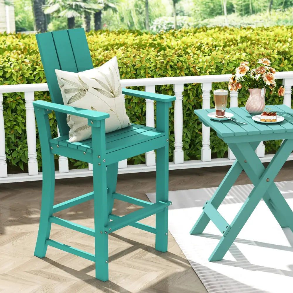 Tall Adirondack Chair Outdoor Bar Stool with Ergonomic Backrest for Backyard-Turquoise - Turquoise - Patio Bar Furniture