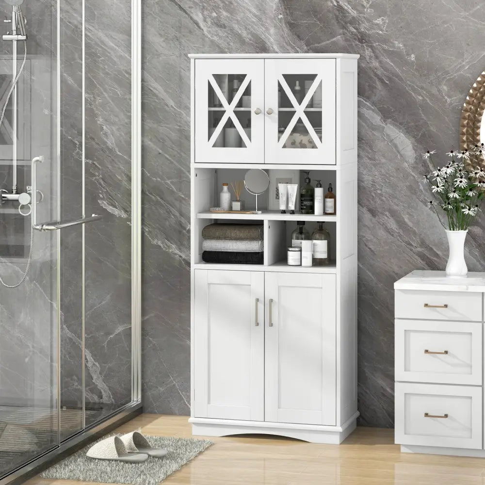 Tall Bathroom Cabinet Large Floor Storage Cabinet with Acrylic Doors and 3 Cubes-White - White - Floor Cabinets