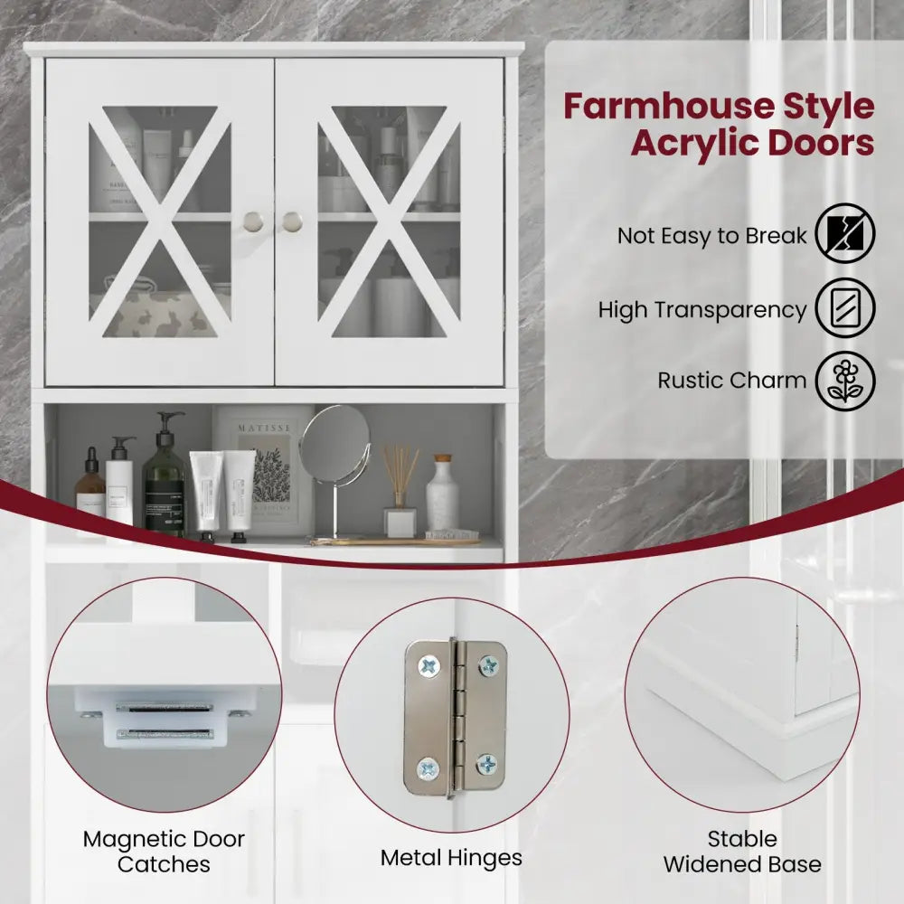 Tall Bathroom Cabinet Large Floor Storage Cabinet with Acrylic Doors and 3 Cubes-White - White - Floor Cabinets