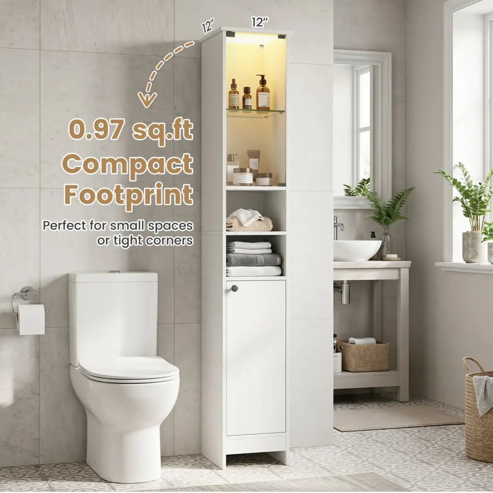 Tall Bathroom Storage Cabinet with LED Lights and Adjustable Shelves-White - White - Floor Cabinets