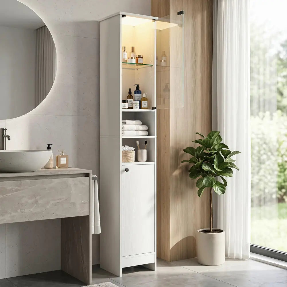 Tall Bathroom Storage Cabinet with LED Lights and Adjustable Shelves-White - White - Floor Cabinets