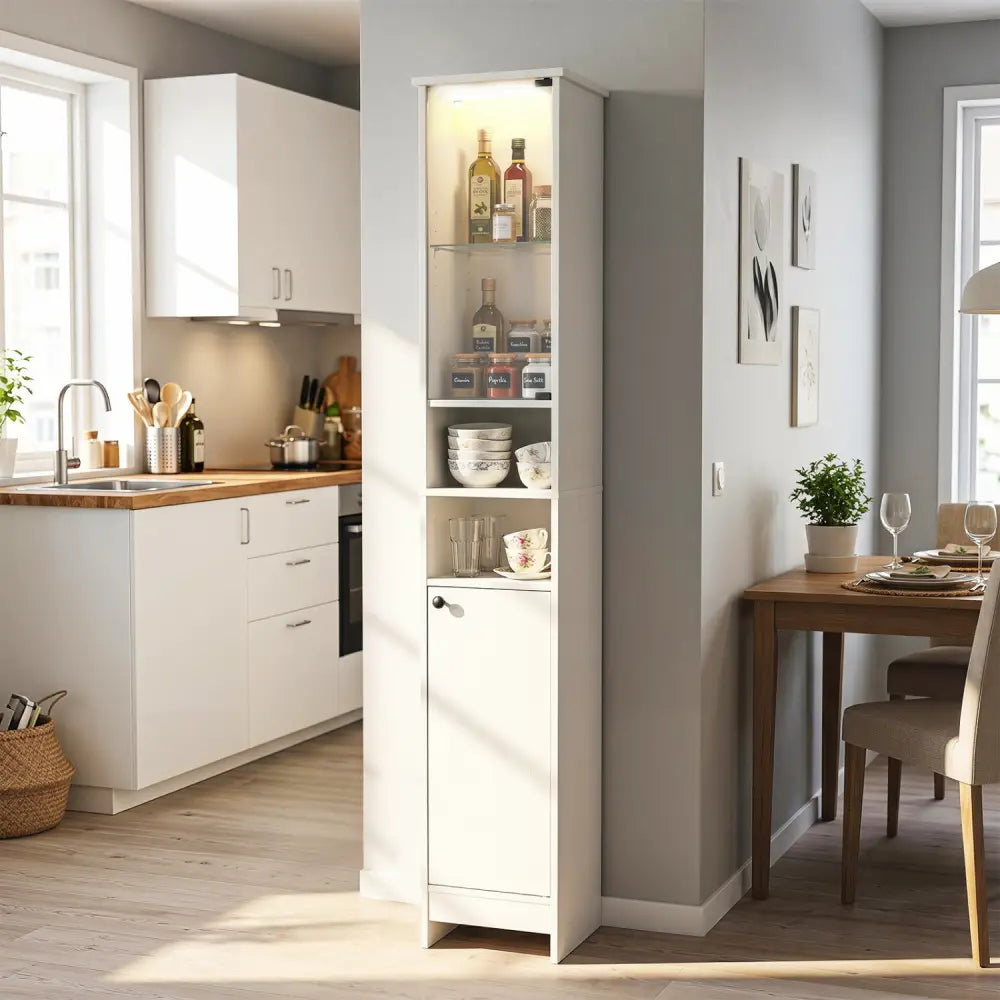 Tall Bathroom Storage Cabinet with LED Lights and Adjustable Shelves-White - White - Floor Cabinets